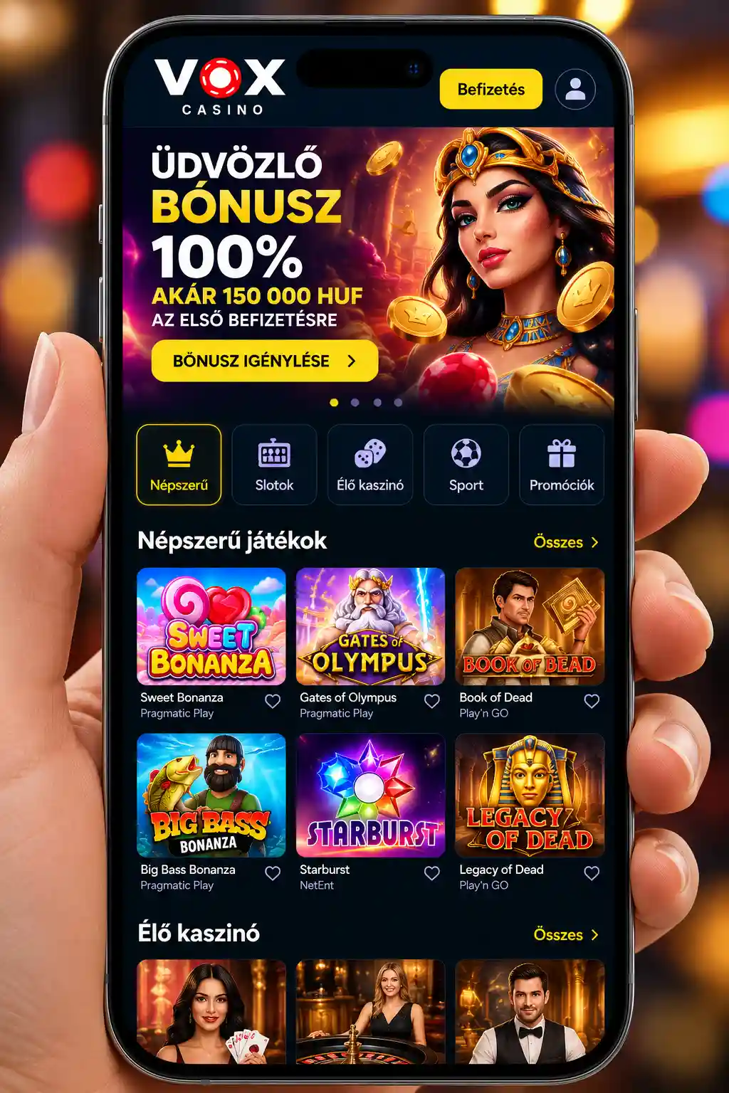 Vox Casino mobilalkalmazás – főképernyő iOS és Android eszközökön