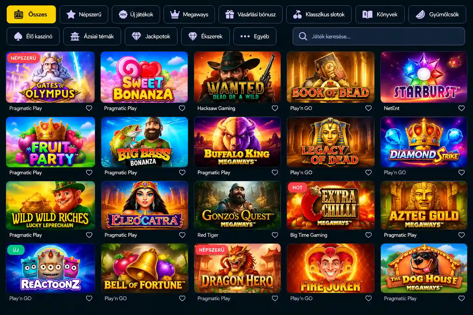 Vox Casino játékkatalógus – slotok, szűrők és játékminiatűrök