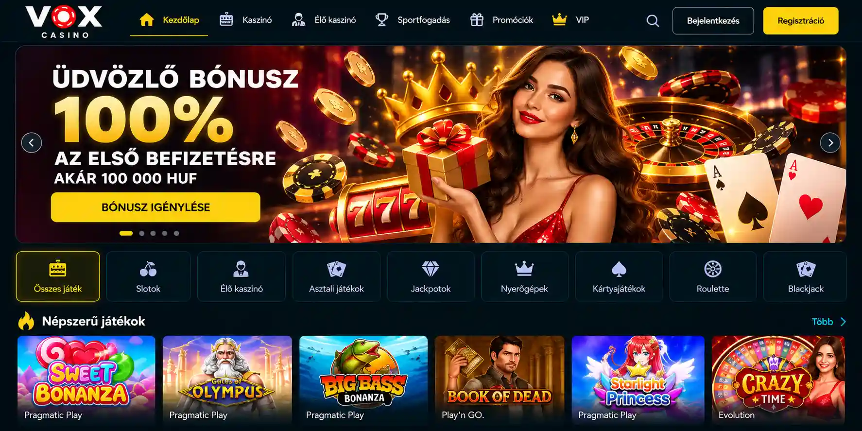 Vox Casino főoldal – üdvözlő képernyő és navigációs menü