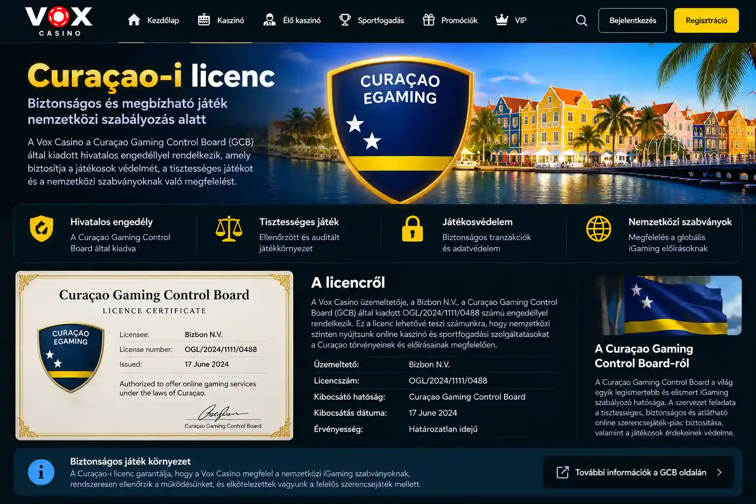 Vox Casino Curaçao licencinformációs oldal