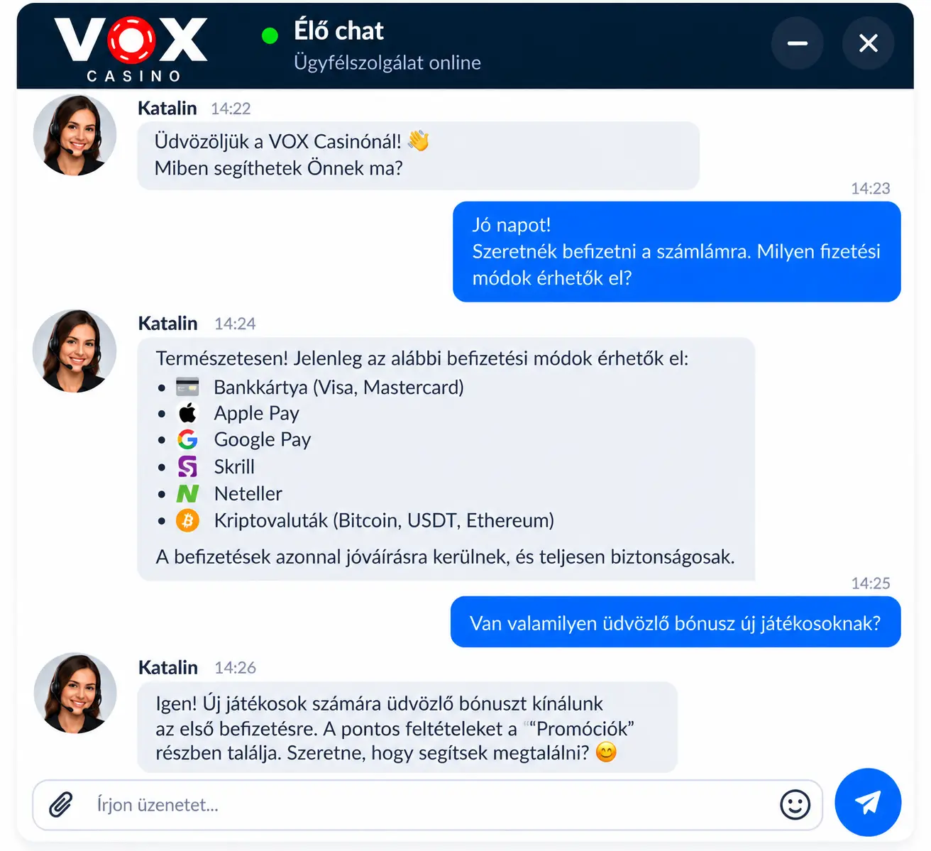 Vox Casino élő chat – ügyfélszolgálati ablak