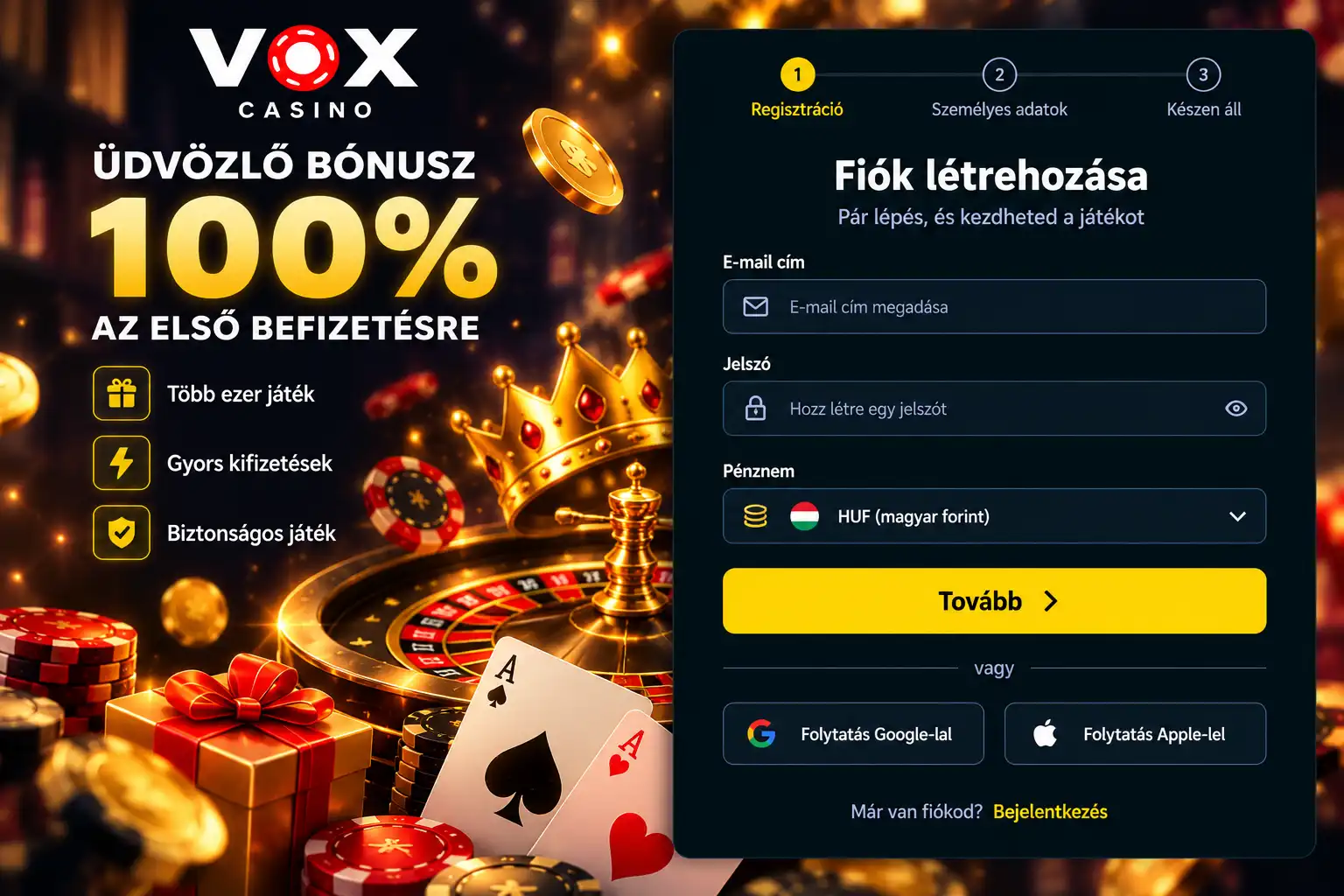 Vox Casino regisztrációs űrlap – email, jelszó és pénznem mezők